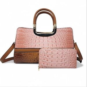 Pink and Brown Faux Croc Satchel Wallet Set